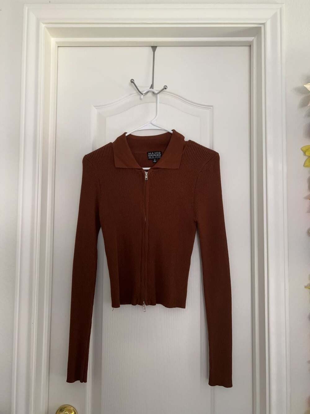 Major Label Group Ribbed Knit Zip-Up Collared Top Brown Size M